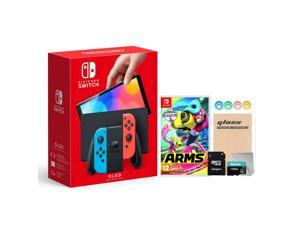2021 New Nintendo Switch OLED Model Neon Red  Blue Joy Con 64GB Console HD Screen  LANPort Dock with Arms And Mytrix Accessories