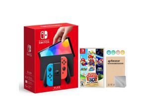 2021 New Nintendo Switch OLED Model Neon Red & Blue Joy Con 64GB Console HD Screen & LAN-Port Dock with Super Mario 3D All-Stars And Mytrix Joystick Caps & Screen Protector