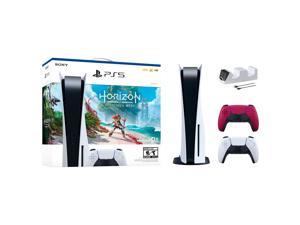 PlayStation 5 Disc Edition Horizon Forbidden West Bundle with Two Controllers White and Cosmic Red DualSense and Mytrix Dual Controller Charger