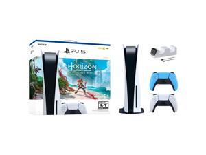 PlayStation 5 Disc Edition Horizon Forbidden West Bundle with Two Controllers White and Starlight Blue DualSense and Mytrix Dual Controller Charger
