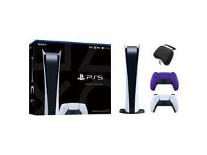 PlayStation 5 Digital Edition with Two Controllers White and Galactic Purple DualSense and Mytrix Hard Shell Protective Controller Case