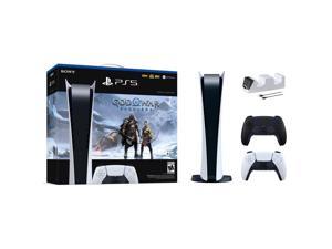 PlayStation 5 Digital Edition God of War Ragnarok Bundle with Two Controllers White and Midnight Black DualSense and Mytrix Dual Controller Charger