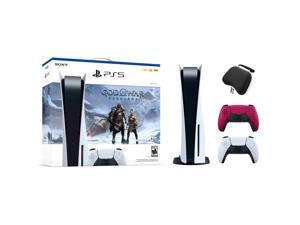 PlayStation 5 Disc Edition God of War Ragnarok Bundle with Two Controllers White and Cosmic Red DualSense and Mytrix Hard Shell Protective Controller Case