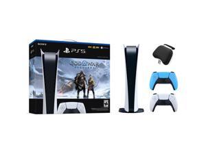 PlayStation 5 Digital Edition God of War Ragnarok Bundle with Two Controllers White and Starlight Blue DualSense and Mytrix Hard Shell Protective Controller Case