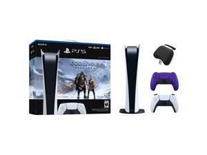 PlayStation 5 Digital Edition God of War Ragnarok Bundle with Two Controllers White and Galactic Purple DualSense and Mytrix Hard Shell Protective Controller Case