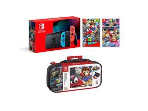 Nintendo Switch Super Mario Kart 8 and Odyssey Deluxe Bundle Red and Blue JoyCon Improved Battery Life 32GB ConsoleSuper Mario Kart 8 Deluxe Super Mario Odyssey Game and Deluxe Travel Case