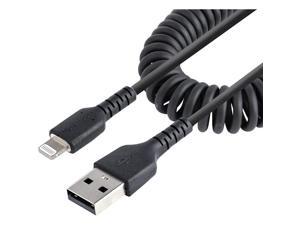 StarTech 50cm 20in USB to Lightning Cable MFi Certified Coiled iPhone Charger Cable Black Durable TPE Jacket Aramid Fiber Heavy Duty Coil Lightning Cable