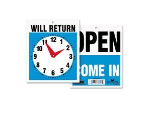 Headline Sign Double-Sided Open/Will Return Sign w/Clock Hands Plastic 7 1/2 x 9