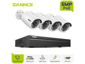 SANNCE 5MP 8CH POE Security Camera System, 4pcs 5MP PoE Cameras,8 Channel Poe NVR Recorder, Outdoor/Indoor Use, 24/7 Recording,Smart IR LEDs, APP Push Alert,Work with Alexa