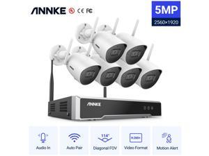 ANNKE 8 Channel 5MP Super HD Wireless IP Video Surveillance Kit with 6pcs Camera,100 ft Night Vision,Built-in Mic,Plug-and-Play Setup,Indoor & Outdoor WiFi Surveillance,NO HDD