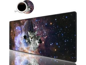 Desk Pad Mat Gaming Mouse Pads with Coasters Set, Stitched Edges Design Mouse Pad XXL Large Mouse Pad for Laptop Computers Galaxy Fly Cat Desk Writing Mat for Office & Home 31.5"x 11.8"