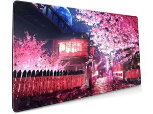 Japanese Sakura Anime Extended Mouse Pad 35.4x15.7 Inch XXL Pink Cherry Blossom Flower Non-Slip Rubber Base Large Mousepad Stitched Edges Waterproof Keyboard Mouse Mat Desk Pad for Office Home Game