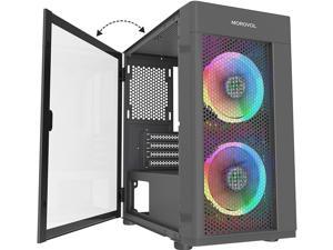 MOROVOL Mesh Micro-ATX Tower Computer Case, 2PCS × ARGB Fans Preinstalled and 2×USB 3.0 Ports, Magnetic Design Opening Tempered Glass Panel & Mesh Front Panel Gaming PC Case(TW7-S2-BL