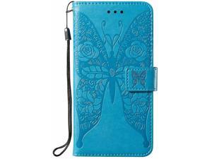 FlipBird Wallet Case Compatible with Galaxy S10 Plus PU Butterfly Embossed Wallet Case with Card Holder/Kickstand/Lanyard Flip Cover for Samsung Galaxy S10 Plus Blue