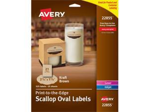 Avery Oval Labels, Print to the Edge, Permanent Adhesive, Kraft Brown, Scallop Edge, 1-1/8” x 2-1/4”, 525 Labels (22855) Avery Oval Labels, Print to the Edge, Permanent Adhesive, Kraft Brown, Scallop Edge, 1-1/8” x 2-1/4”, 525 Labels (22855)