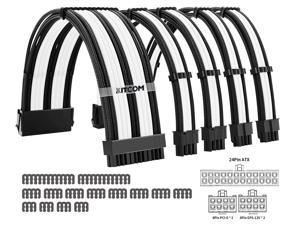 KITCOM 18AWG PSU Cable Extension Sleeved ATX Power Supply Gaming PC Build Custom Mod Braided Wire Kit/Set Extra-Sleeved 24-PIN/8-PIN (4+4) Dual EPS CPU/PCI-E (6+2) GPU with Combs, Black/White