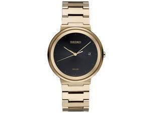 Seiko Solar Mens Black Dial Gold Plated Stainless Steel Watch SNE482