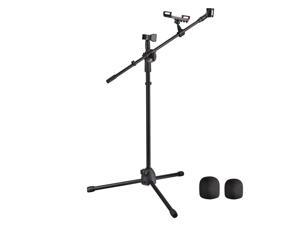 Microphone Boom Arm Stand w/ Dual Mic Clips Adjustable Tripod Phone Mount Holder