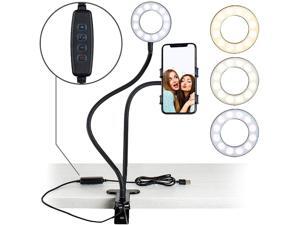 Selfie Ring Light with 24in Gooseneck Stand and Cell Phone Holder, Clip On for Live-Streaming Phone Mount and Light Kit, USB-Powered