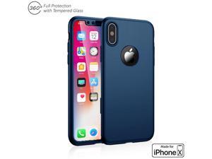 Indigi 360 Full Body Protective Case Cover Navy  Tempered Glass For Apple iPhone X