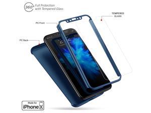 Indigi iPhone X 360 Full Body Protective Case Ultrathin Cover  Tempered Glass Navy