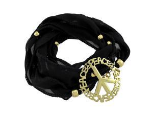 Black Beaded Ribbon Gold Tone Peace Sign Wrap Bracelet