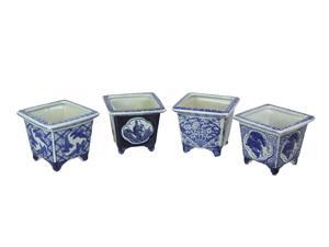 Set of 4 Asian Design Blue and White Mini Planter Pots 5 Inches High Set of 4 Asian Design Blue and White Mini Planter Pots 5 Inches High