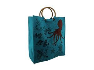 Aqua Blue Woven Jute Sea Life Octopus Tote Bag