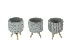 Set of 3 Geometric Circle Design Cement Mini Planters With Wooden Legs