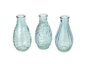 Set of 3 Light Blue Decorative Textured Glass Bottle Bud Vases 5.75 Inches High