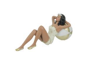Retro Bathing Beauty Beach Girl Laying On Beach Ball In Gold / Beige Swimsuit Statue