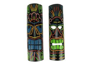 Brightly Colored Wooden 20 inch Tall Tiki Totem Masks Set of 2