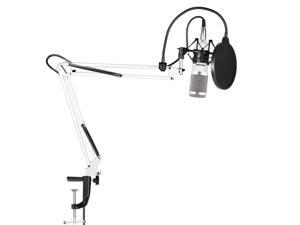 Neewer NW-800 Pro Studio Broadcasting Recording Condenser Mic Kit with NW-35 Adjustable Mic Suspension Scissor Arm Stand with Black Shock Mount and Table Mounting Clamp, Pop Filter(White and Silver)