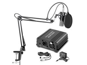 Neewer NW-700 Professional Condenser Microphone & NW-35 Suspension Boom Scissor Arm Stand with Built-in XLR Cable and Mounting Clamp & NW-3 Pop Filter & 48V Phantom Power Supply with Adapter Kit