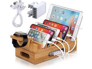 BambuMate Bamboo Charging Station for Multiple Devices, 7 Slot Wood Docking Electronic Organizer for Phones, Tablets, Laptop More (with 5Port USB Charger, Watch Stand, 5 Charge Cable)