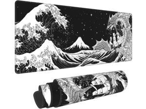 Black and White Japanese Waves Sea Dragon Gaming Mouse Pad XL, Extended Large Mouse Mat Desk Pad, Stitched Edges Mousepad, Long Non-Slip Rubber Base Mice Pad, 31.5 X 11.8 Inch
