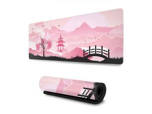 Japanese Landscape Pink Cherry Blossom Gaming Mouse Pad Long Extended XL Mousepad Desk Pad Large Rubber Mice Pads Stitched Edges 31.5 X 11.8