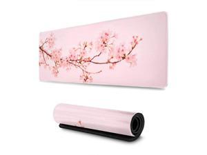 Pink Cherry Blossom Flower Gaming Mouse Pad XL, Extended Large Mouse Mat Desk Pad, Stitched Edges Mousepad, Long Rubber Base Mice Pad, 31.5 X 11.8 Inch