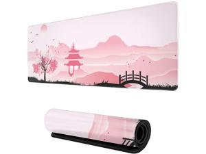 Pink Japanese Cherry Blossom Temple Art Large Mouse Pad XL, Extended Stitched Edges Gaming Mouse Mat Desk Pad, Long Non Slip Rubber Base Mice Pad (31.5 X 11.8 Inch)
