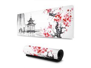 Black and White Japanese Sumi-E Painting Cherry Blossom Temple Art Gaming Mouse Pad XL Extended Large Mouse Mat Desk Pad Stitched Edges Mousepad Long Non-Slip Rubber Base Mice Pad 31.5 X 11.8 Inch