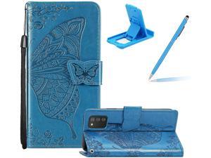 Strap Leather Case for Samsung Galaxy S21 Ultra 5G,Wallet Cover for Samsung Galaxy S21 Ultra 5G,Herzzer Classic 3D Blue Butterfly Flower Print Relief Magnetic Stand Case with Soft TPU 