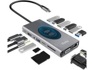 Hieha USB C Hub, 15-in-1 USB C Docking Station with 4K HDMI, VGA, Ethernet, Wireless Charger, 100W PD, 3 USB 3.0, SD/TF Card Reader Compatible for MacBook Pro and More Type C Laptops Hieha USB C Hub, 15-in-1 USB C Docking Station with 4K HDMI, VGA, Ethernet, Wireless Charger, 100W PD, 3 USB 3.0, SD/TF Card Reader Compatible for MacBook Pro and More Type C Laptops