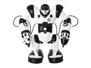 Black and white shop robot with remote