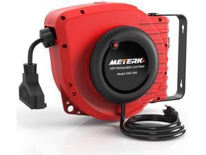 Automatic Return Retractable Extension Cord, Meterk 50+4.5FT Power Cord Reel, 14AWG 13A, 3C SJTOW, 180°Swivel Mounting,Triple Socket, Reset Button and Adjustable Stopper Automatic Return Retractable Extension Cord, Meterk 50+4.5FT Power Cord Reel, 14AWG 13A, 3C SJTOW, 180°Swivel Mounting,Triple Socket, Reset Button and Adjustable Stopper