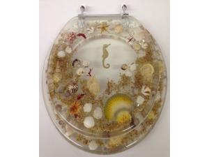 JEWEL SHELL SEASHELL AND SEAHORSE RESIN TOILET SEAT, CHROME HINGES ELONGATED CLEAR JEWEL SHELL SEASHELL AND SEAHORSE RESIN TOILET SEAT, CHROME HINGES ELONGATED CLEAR