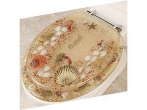 JEWEL SHELL SEASHELL AND SEAHORSE RESIN TOILET SEAT, CHROME HINGES ELONGATED, BEIGE JEWEL SHELL SEASHELL AND SEAHORSE RESIN TOILET SEAT, CHROME HINGES ELONGATED, BEIGE