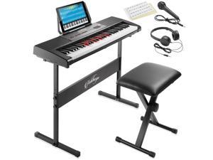 Ashthorpe 61Key Digital Electronic Keyboard Piano with Light Up Keys Includes Stand Bench Headphones Mic and Keynote Stickers