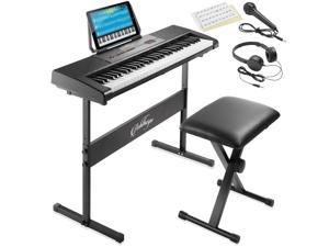 Ashthorpe 61-Key Digital Electronic Keyboard Piano, Beginner Kit with Stand, Bench, Headphones, Mic and Keynote Stickers