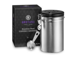 Bretani 24 oz. Stainless Steel Coffee Canister & Scoop Set - Large Airtight Kitchen Storage Container for Storing Beans & Grounds - Silver
