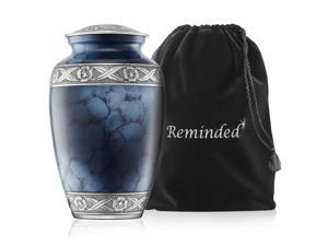 Reminded Cremation Memorial Urn for Human Ashes, Silver and Blue Adult Funeral Urn with Velvet Bag